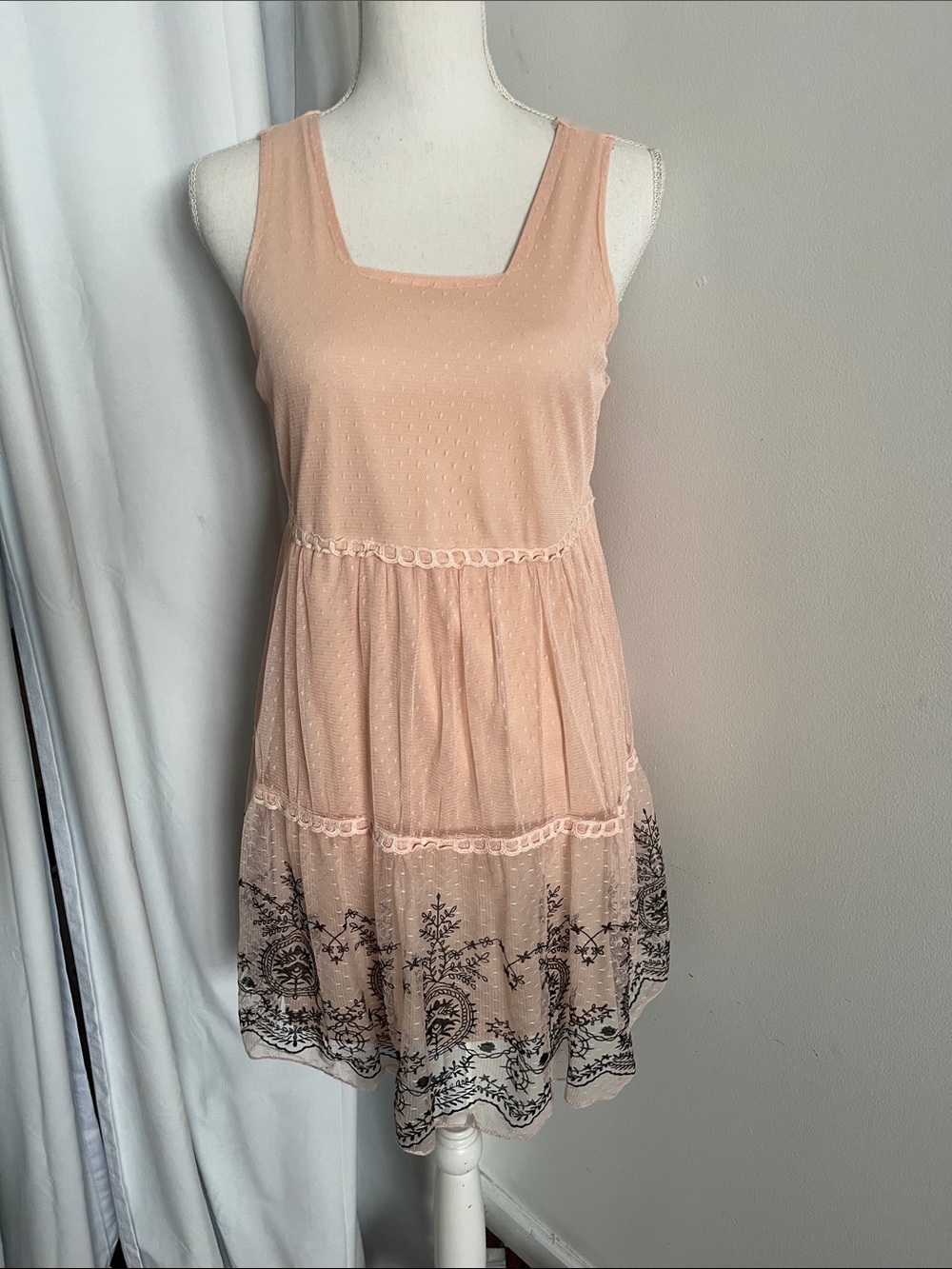 Blush Stretch Sleeveless Tiered Mini Dress with Black Embroidered Hem